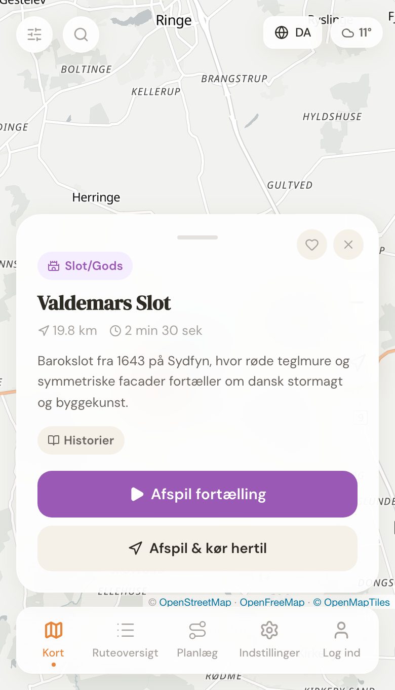 Sådan ser Roadfable ud: kortet viser seværdighederne omkring dig, og fortællingen om Valdemars Slot er åben under kortet.